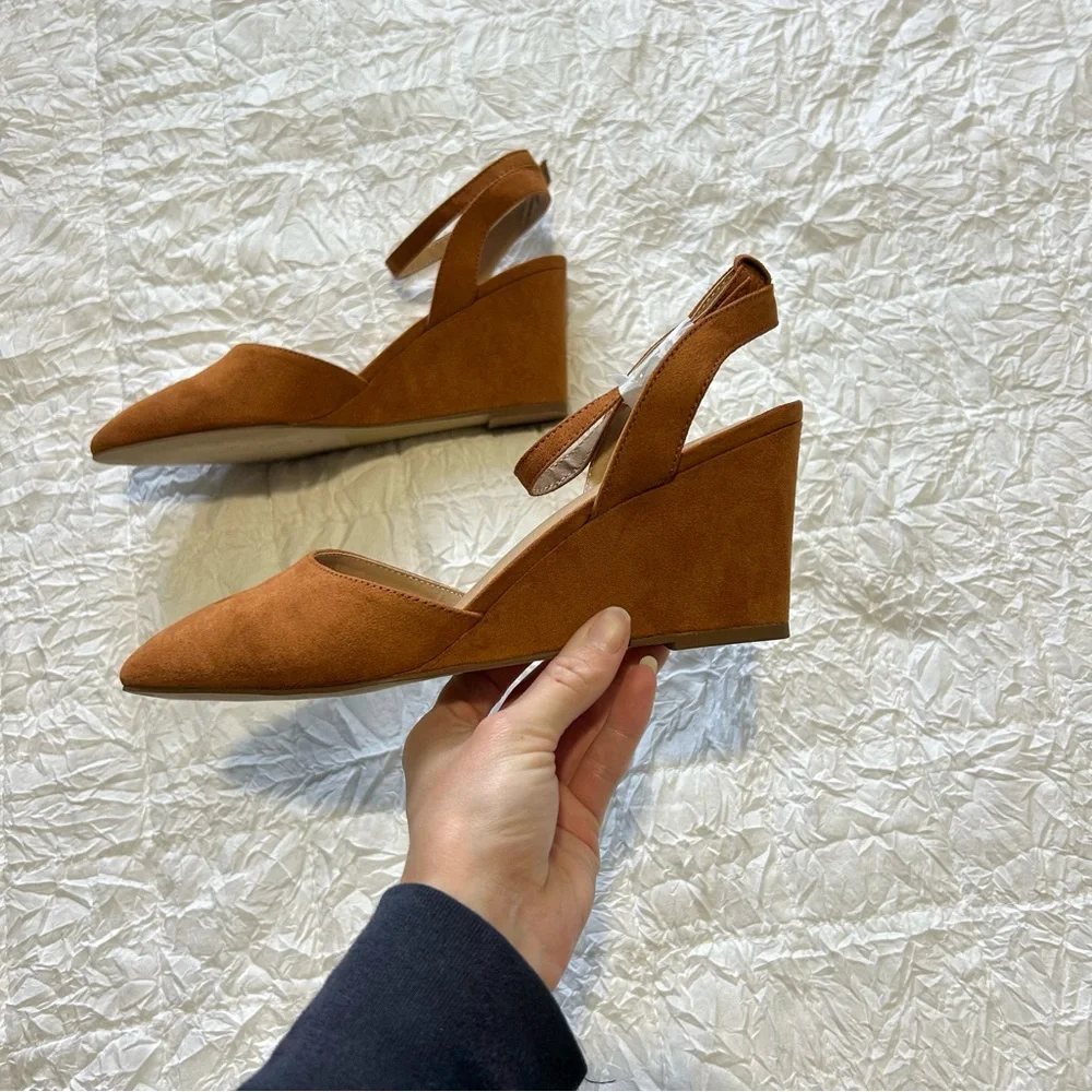 LOFT Cognac Suede Pointed-Toe Wedge Heels